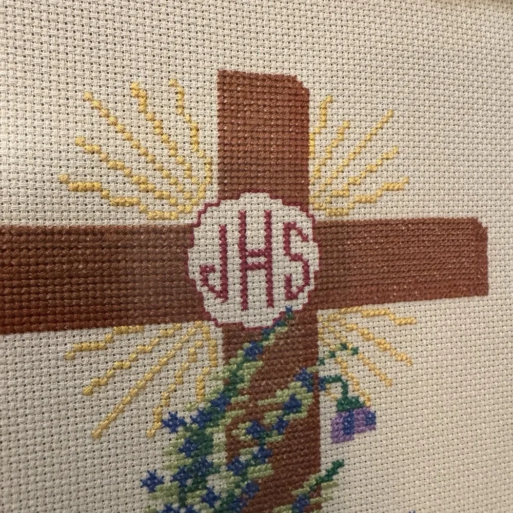 Vintage Embroidered Cross with flowers Ornate Framed 17 X 13  Wall‎ Art